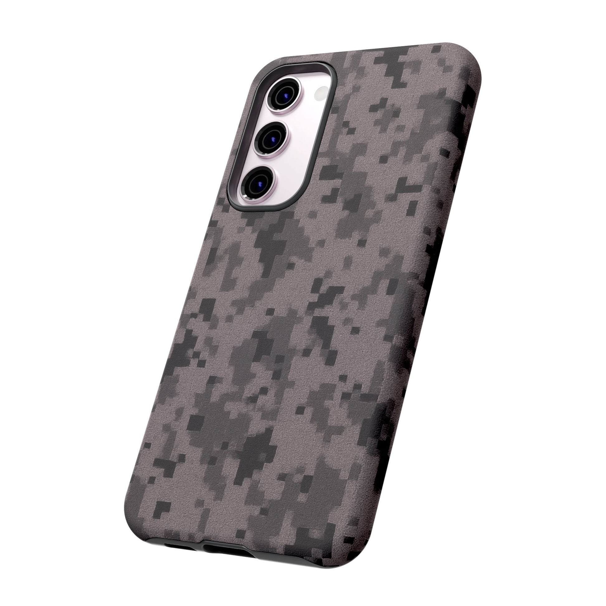 Gray digital camouflage phone case by Printify, tough protective cover designed for smartphones with a rugged camo pattern.