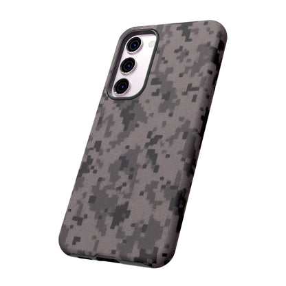 Gray digital camouflage phone case by Printify, tough protective cover designed for smartphones with a rugged camo pattern.