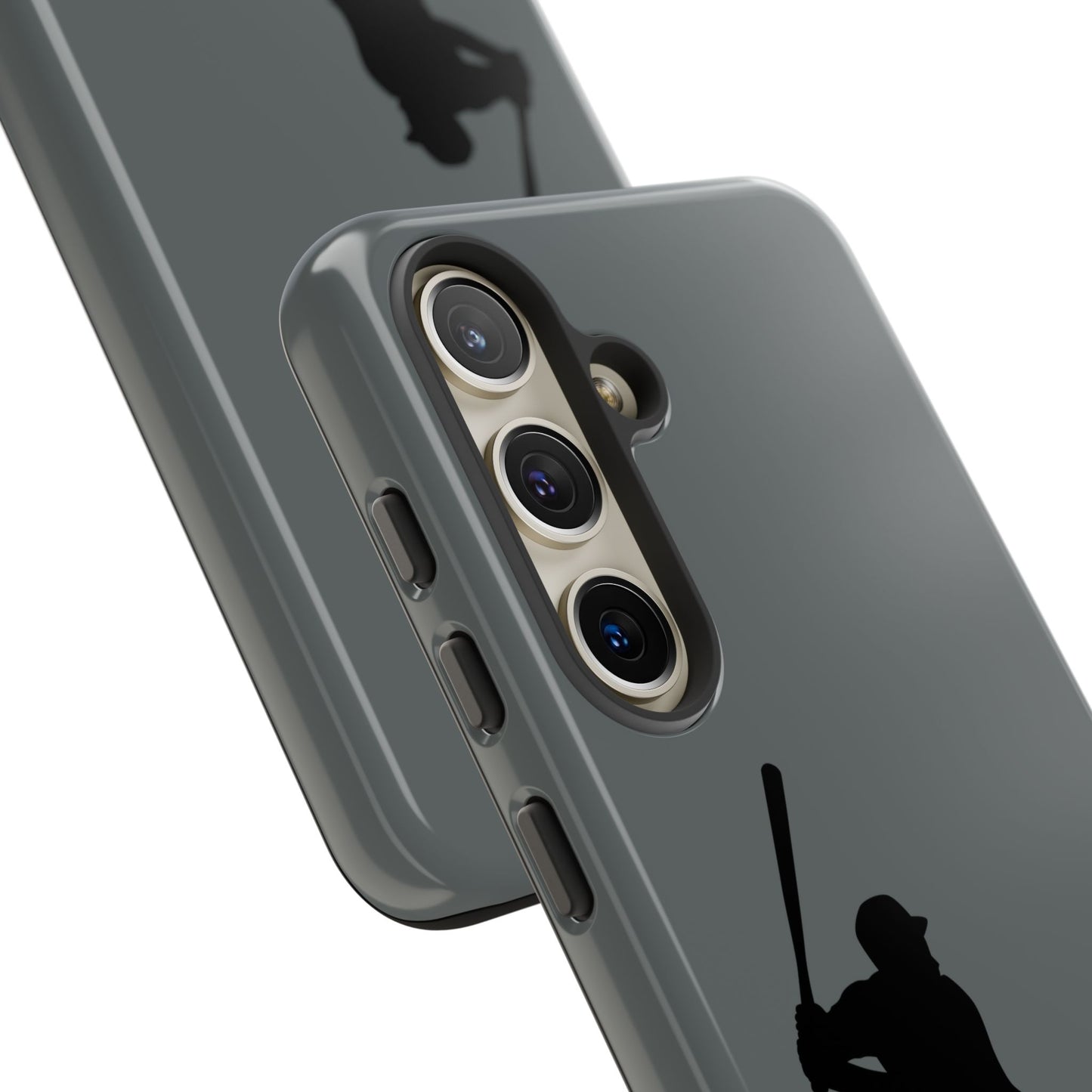 Black tough phone case with baseball silhouette design for iPhone, providing sporty protection and durability.