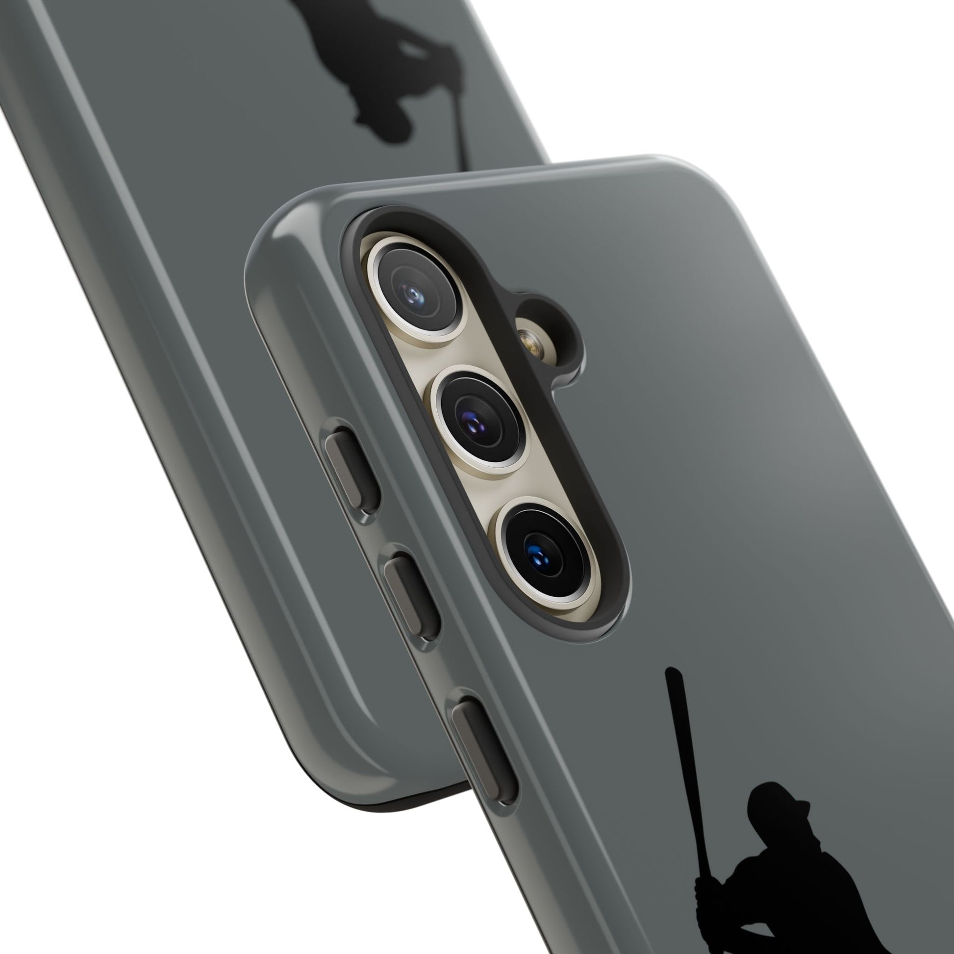 Black tough phone case with baseball silhouette design for iPhone, providing sporty protection and durability.