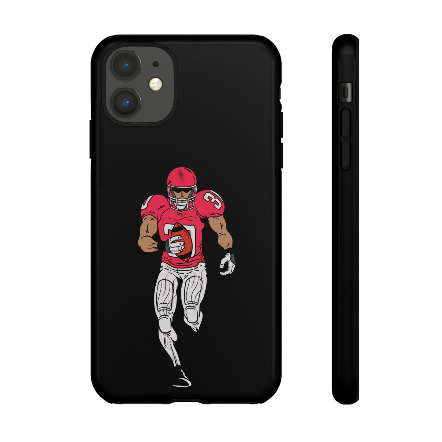 Black football player tough phone case for iPhone, sporty protective case featuring a dynamic football athlete design.