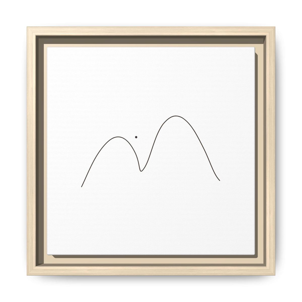 Framed minimalist mountain line art on matte canvas, modern wall decor by Printify featuring simple mountain outline design.