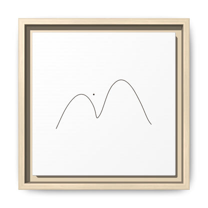 Framed minimalist mountain line art on matte canvas, modern wall decor by Printify featuring simple mountain outline design.