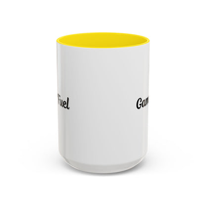 Printify Gamer Fuel coffee mug in black with white "Gamer Fuel" text, 11oz or 15oz size, ceramic mug for gamers.
