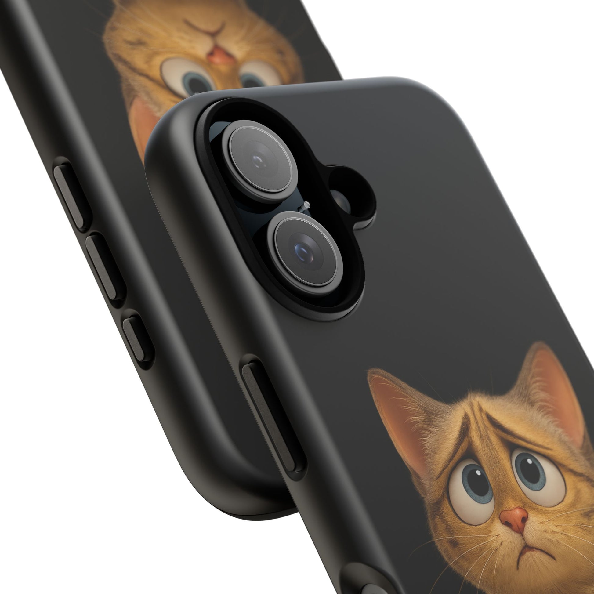 Cute sad kitty print phone case for iPhone, protective and stylish cat-themed accessory by Printify.