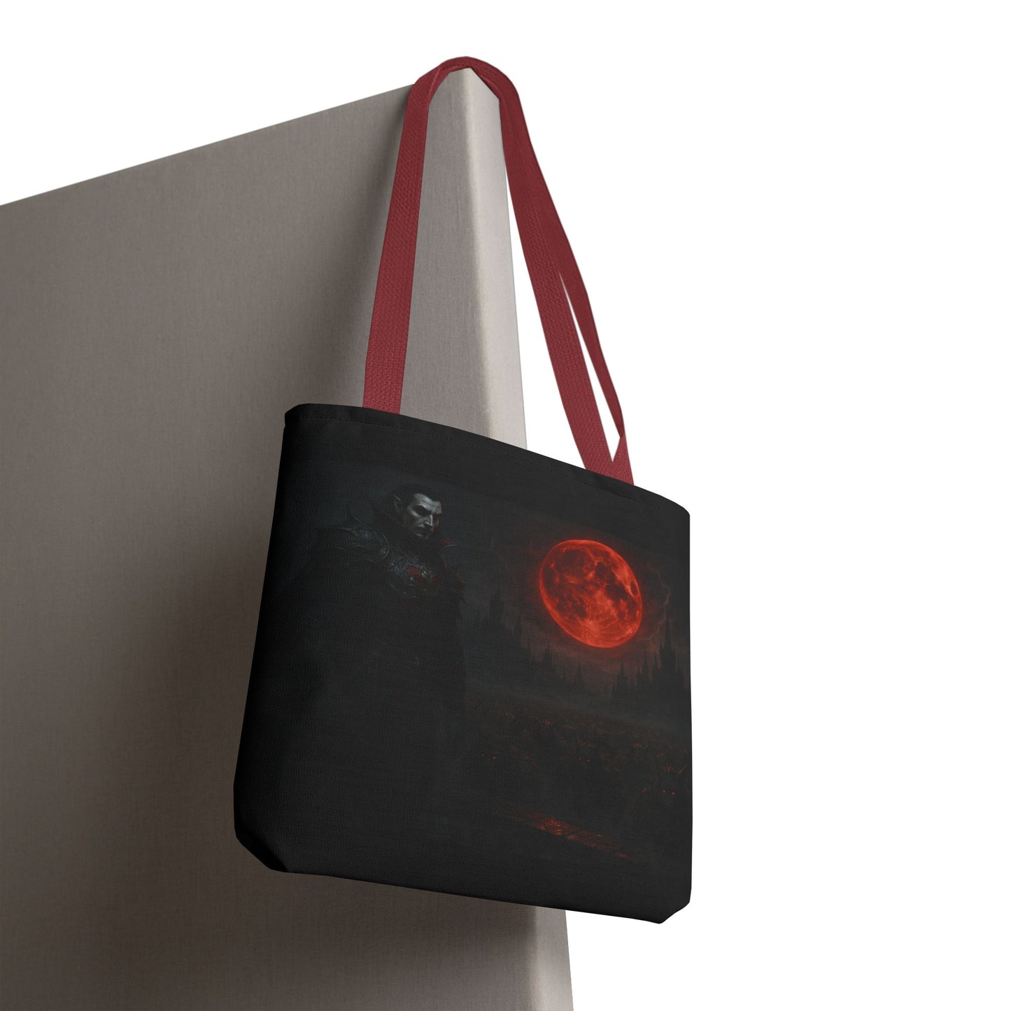 Gothic Dracula tote bag featuring moonlit vampire art, perfect for Halloween gift, made by Printify, showcasing a spooky vampire design.