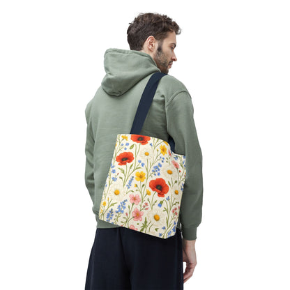 Wildflower Poppy print tote bag with floral all-over pattern from Printify, showing a spacious fabric bag with colorful poppy flowers.
