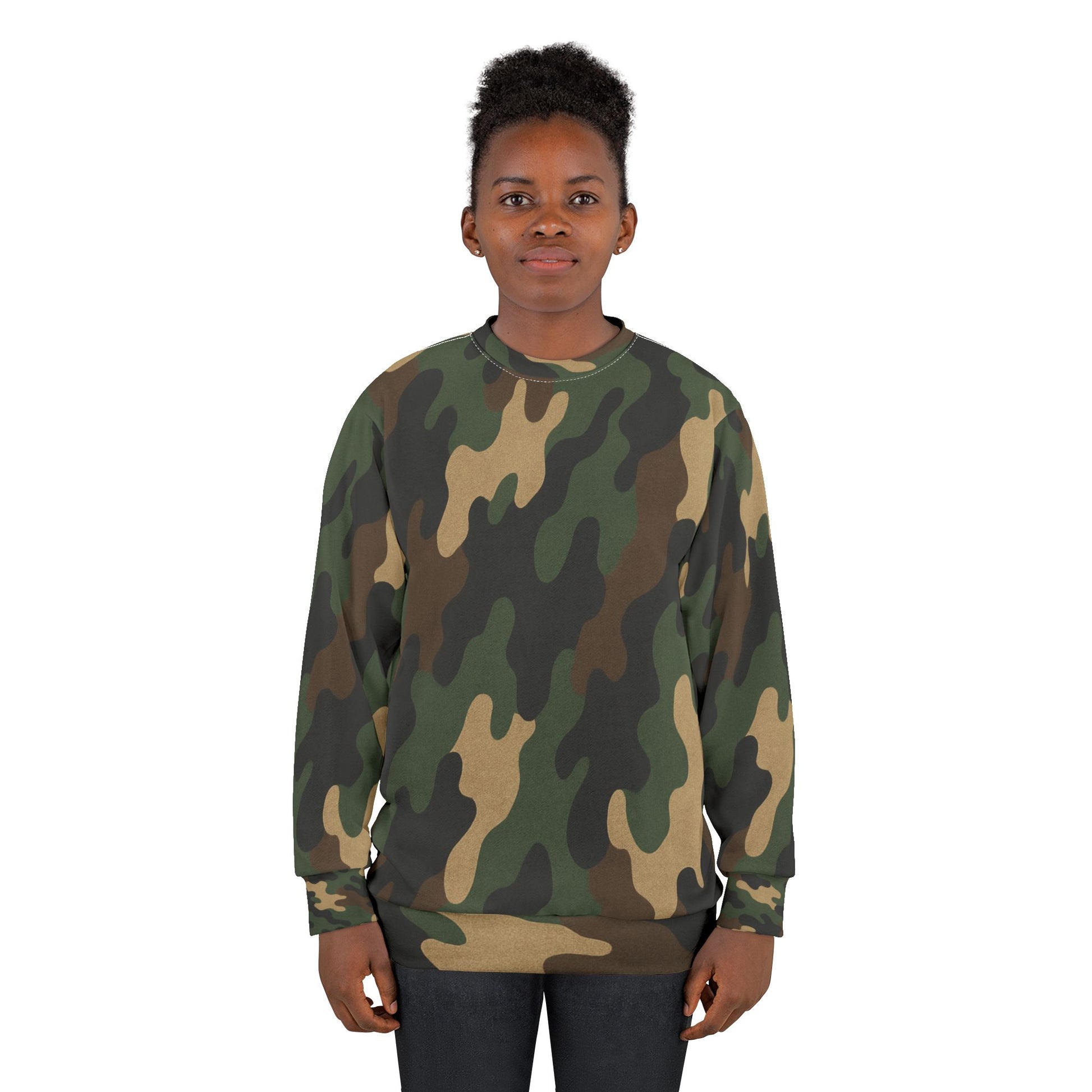 Camo all-over print sweatshirt by Printify featuring a camouflage pattern on soft, comfortable fabric.