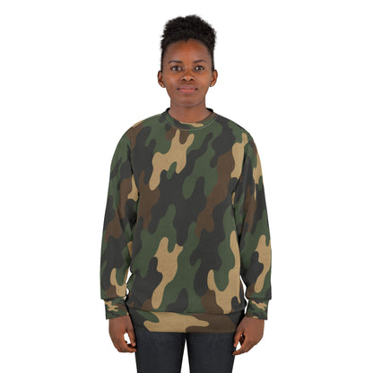 Camo all-over print sweatshirt by Printify featuring a camouflage pattern on soft, comfortable fabric.