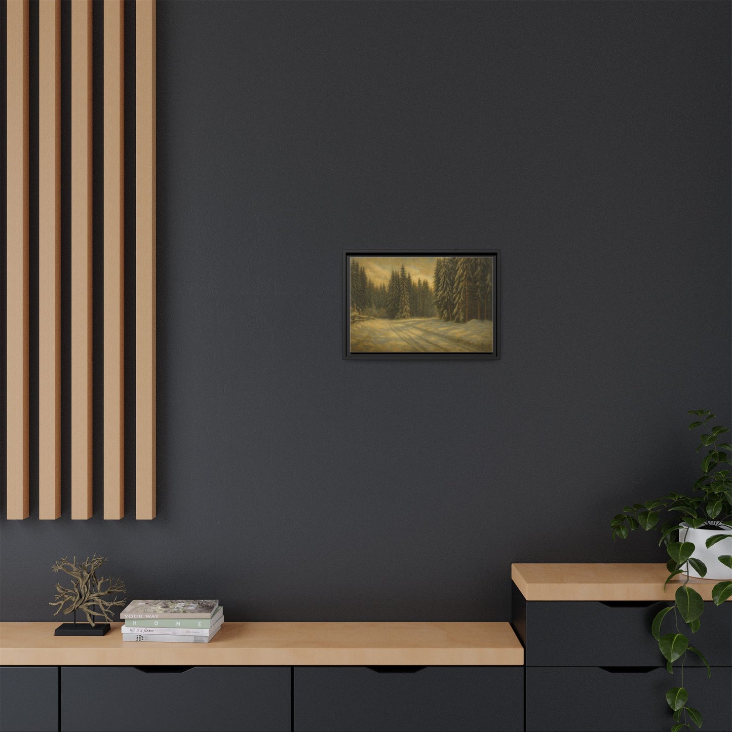 Framed matte canvas print of winter forest landscape wall art, featuring snowy trees and peaceful winter scenery.