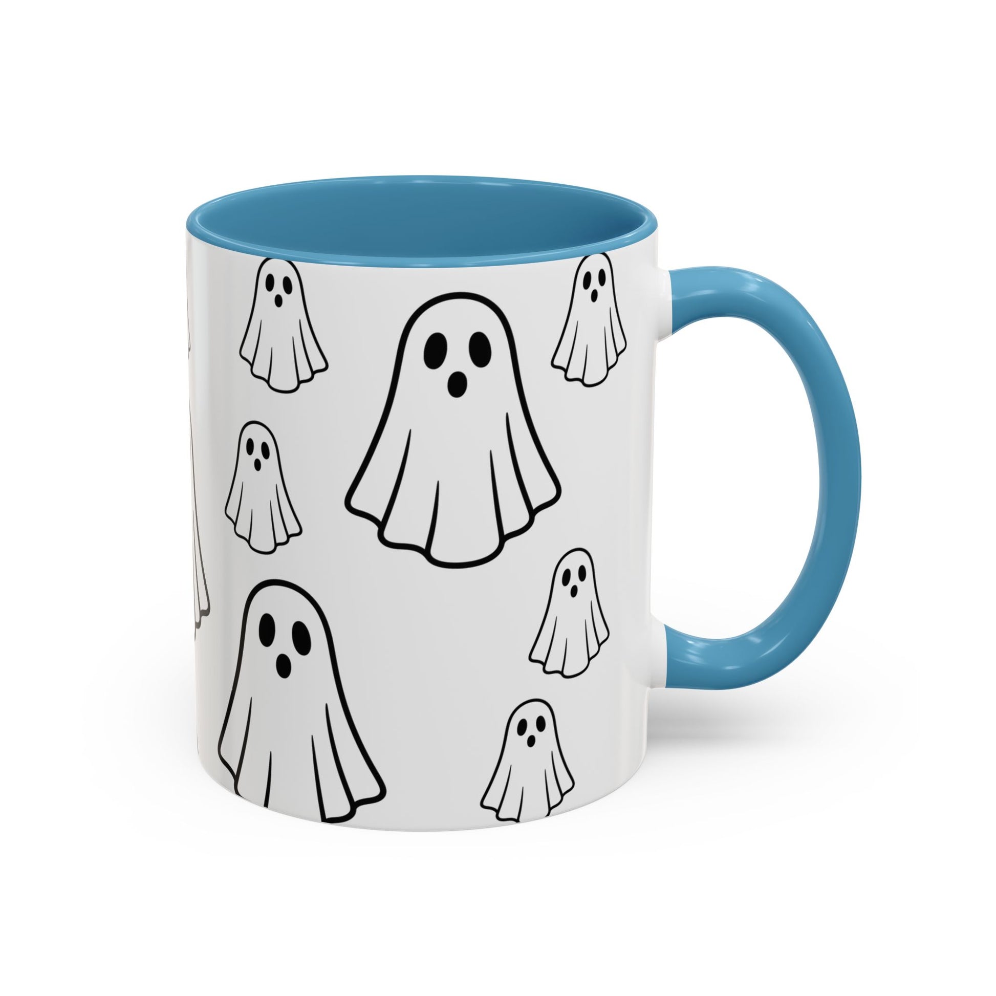 Printify ghost pattern accent coffee mug with cute Halloween ceramic design, available in 11oz and 15oz sizes.