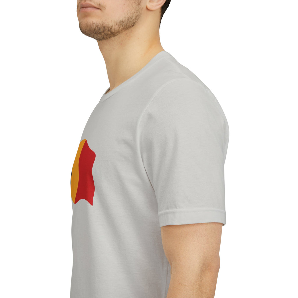 Romania flag T-shirt by Printify featuring a minimal waving tricolor design on a casual cotton tee.