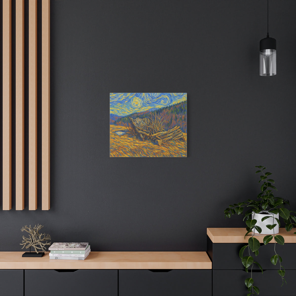 Impressionist Starry Landscape canvas print by Printify featuring a vibrant night sky and scenic landscape artwork.