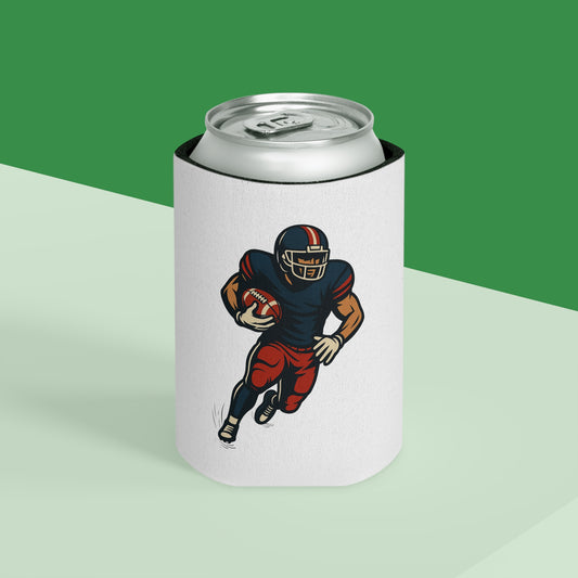Football player can cooler, sports fan accessories by Printify, featuring a detailed football player design and a practical can holder.