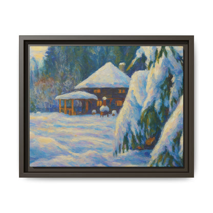 Framed matte canvas print of a snowy cabin winter landscape wall art by Printify, showcasing a cozy cabin surrounded by snow.