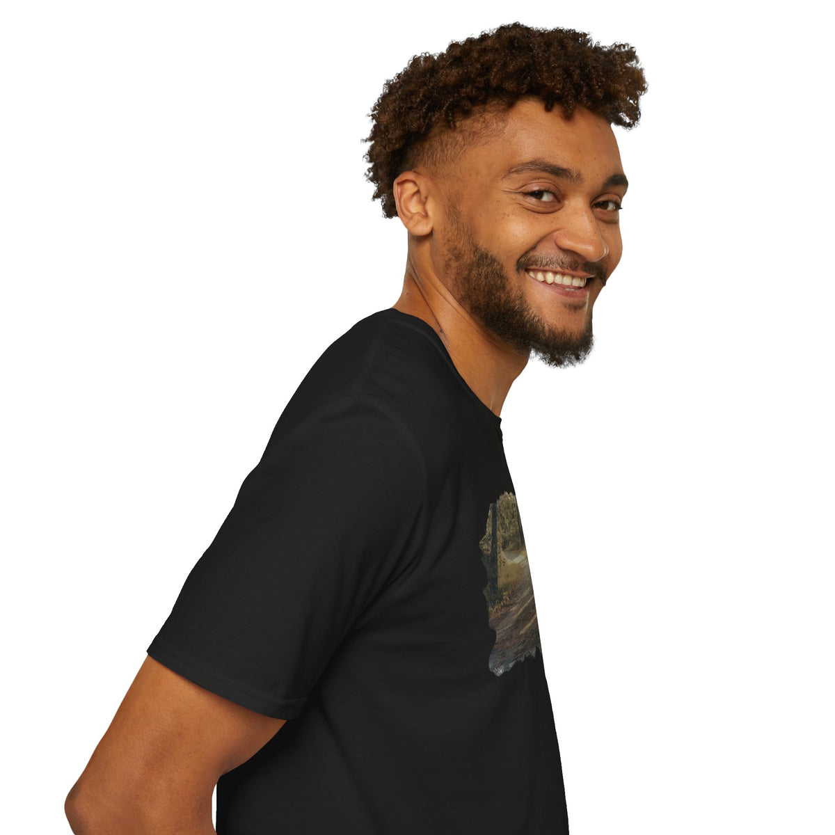 Vintage forest landscape T-shirt by Printify featuring a nature pathway design on a casual cotton tee.