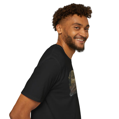 Vintage forest landscape T-shirt by Printify featuring a nature pathway design on a casual cotton tee.