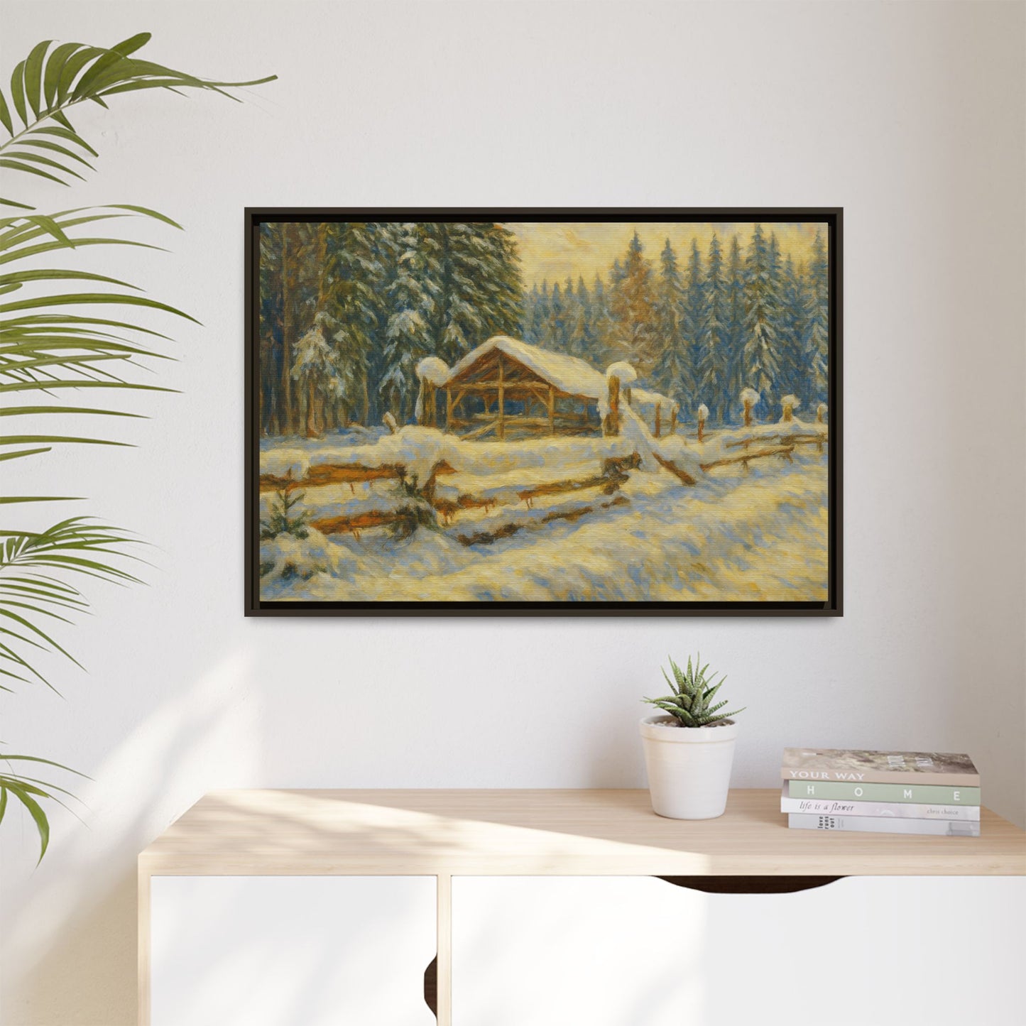 Snowy cabin winter landscape canvas wall art by Printify featuring a cozy cabin scene in a snowy forest.