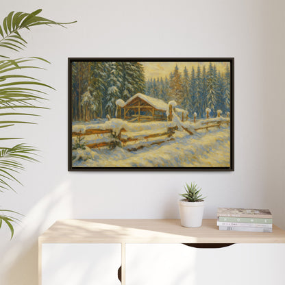 Snowy cabin winter landscape canvas wall art by Printify featuring a cozy cabin scene in a snowy forest.