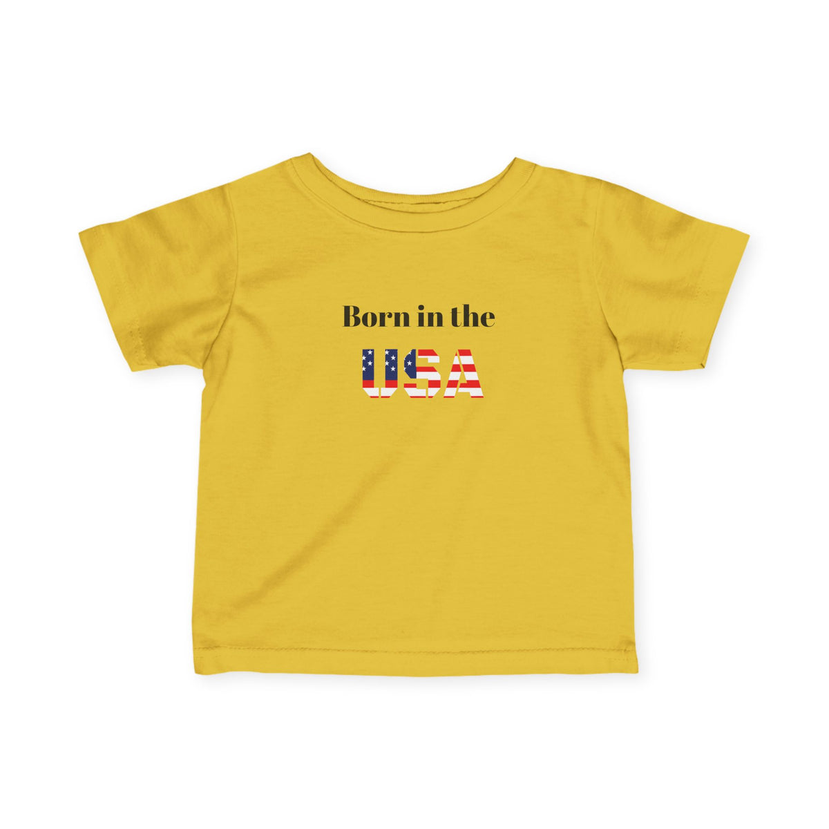 Baby boy wearing a patriotic "Born in the USA" infant T-shirt from Printify, showcasing a red, white, and blue American flag design.