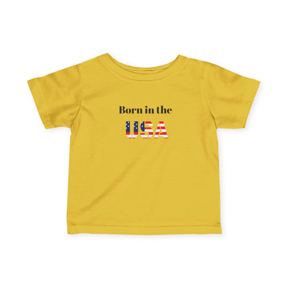 Baby boy wearing a patriotic "Born in the USA" infant T-shirt from Printify, showcasing a red, white, and blue American flag design.