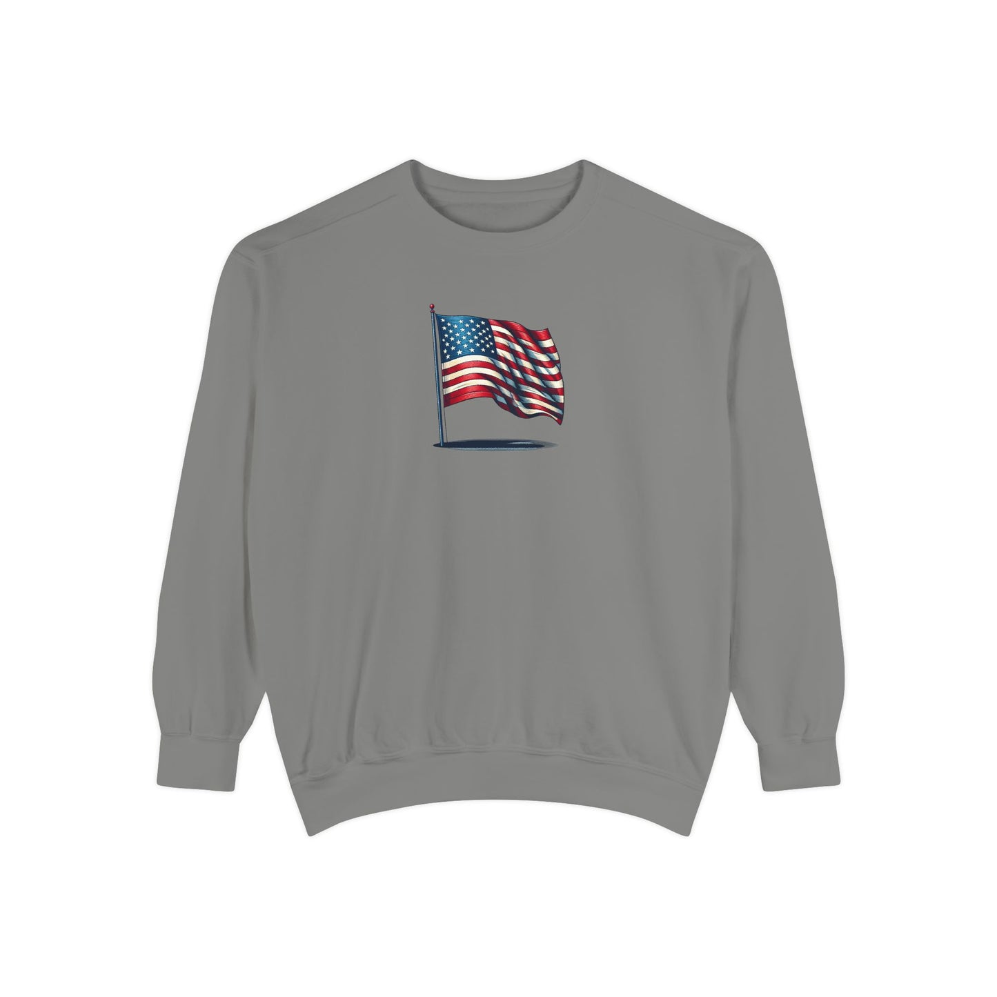 Patriotic Unisex Garment-Dyed Sweatshirt with Vintage American Flag, Cozy Fall Outfit, Statement Sweater, Gift for Veterans, Casual Fashion - TRV