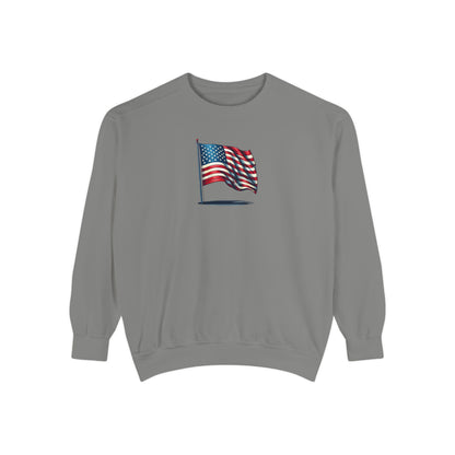 Patriotic Unisex Garment-Dyed Sweatshirt with Vintage American Flag, Cozy Fall Outfit, Statement Sweater, Gift for Veterans, Casual Fashion - TRV