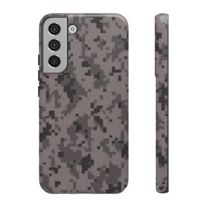 Gray digital camouflage phone case by Printify, tough protective cover designed for smartphones with a rugged camo pattern.