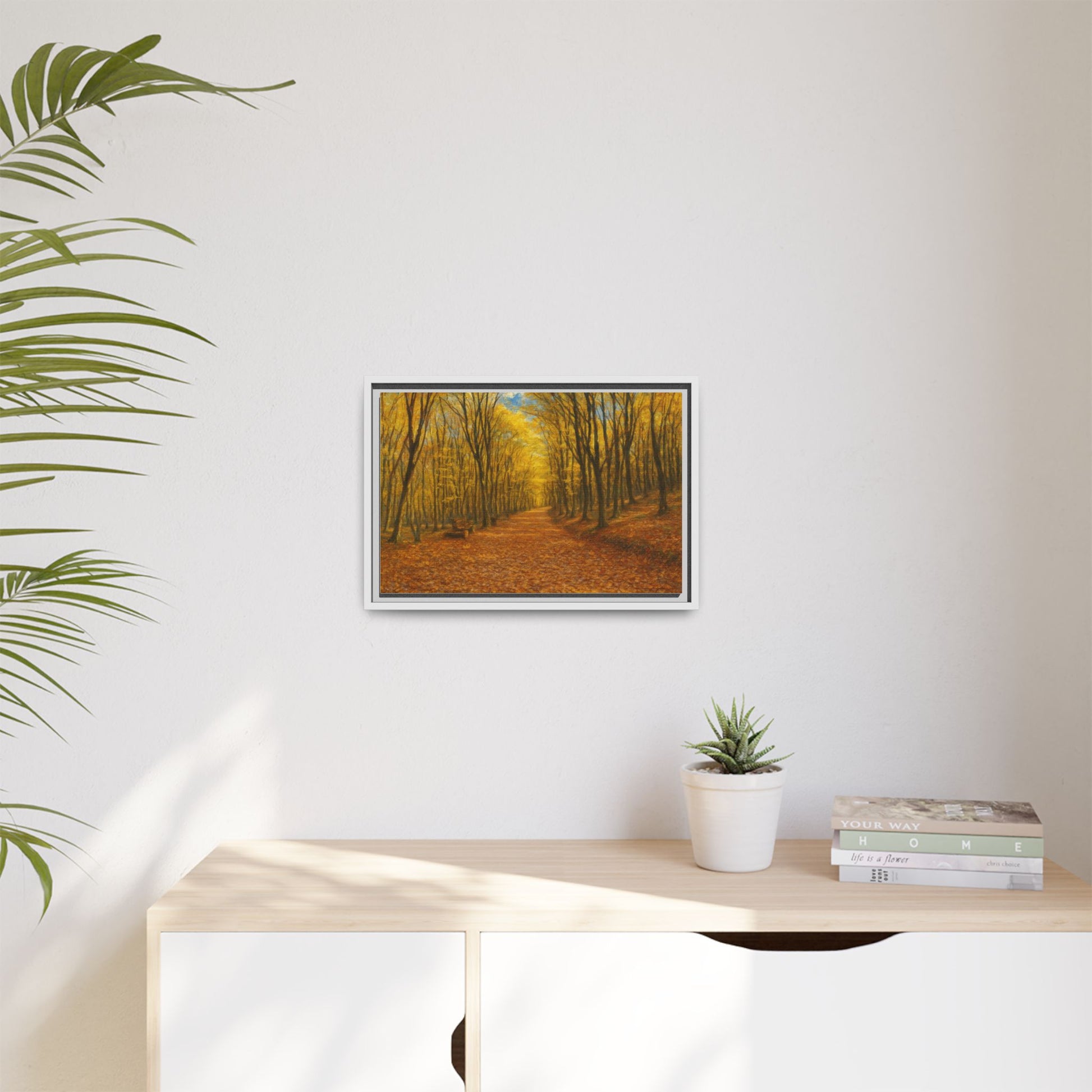 Autumn forest path matte canvas wall art by Printify showing a scenic fall landscape with colorful trees and a walking trail.