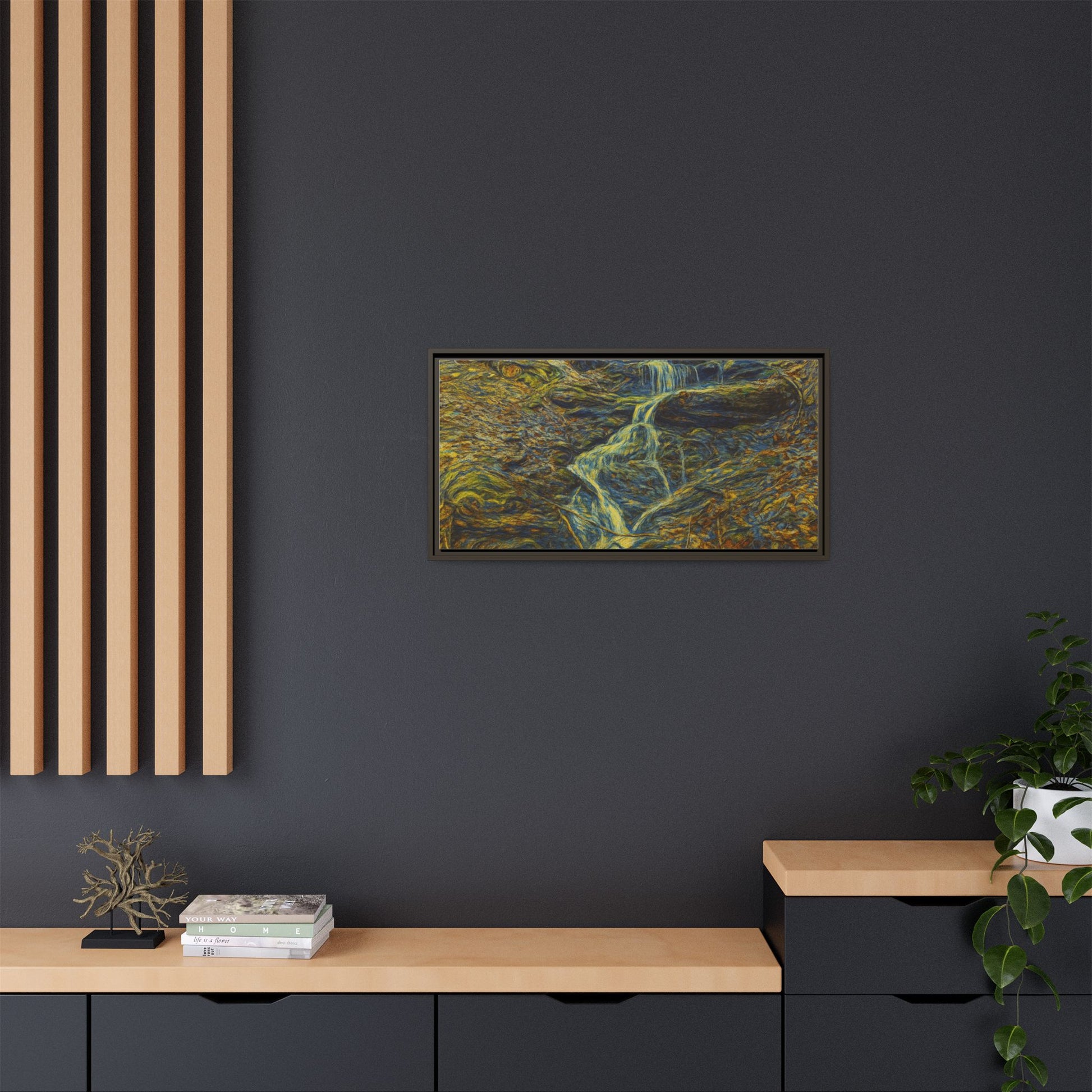 Framed matte canvas wall art of an autumn forest with a waterfall, featuring vibrant fall foliage and natural scenery.