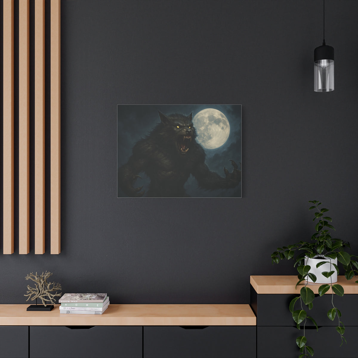 Werewolf Moon matte canvas print featuring a spooky full moon, ideal as eerie wall art for horror or Halloween decor.