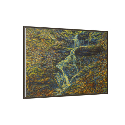 Framed matte canvas wall art of an autumn forest with a waterfall, featuring vibrant fall colors and natural scenery.