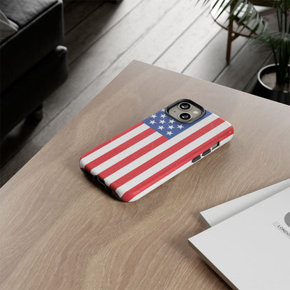 American flag tough phone case for iPhone and Samsung, patriotic protective cover with bold flag design.