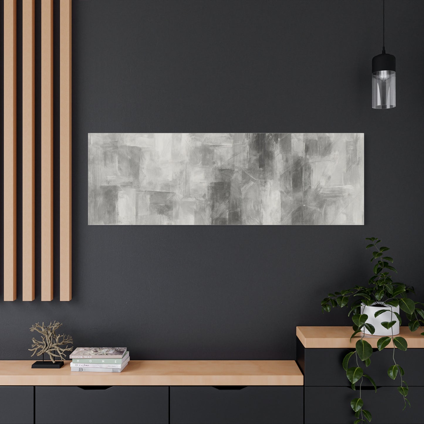 Abstract grey brushstroke canvas wall art by Printify, neutral modern matte stretched canvas for contemporary home decor.