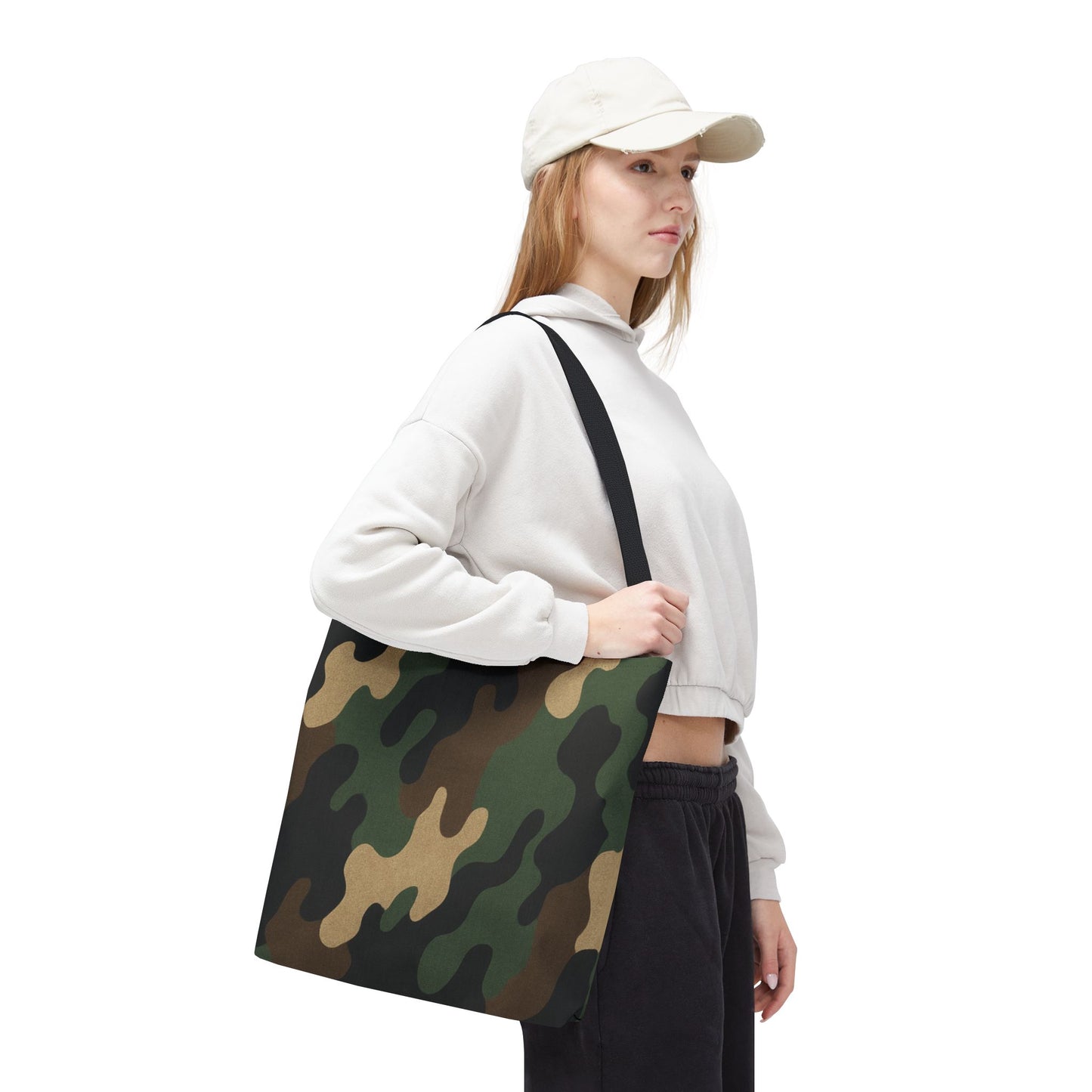 Camo pattern tote bag by Printify featuring an all-over camouflage print on durable canvas material.