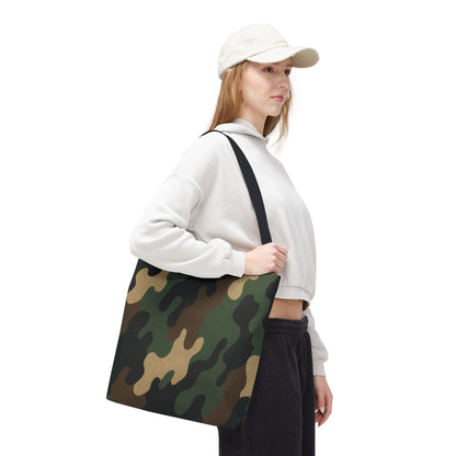 Camo pattern tote bag by Printify featuring an all-over camouflage print on durable canvas material.