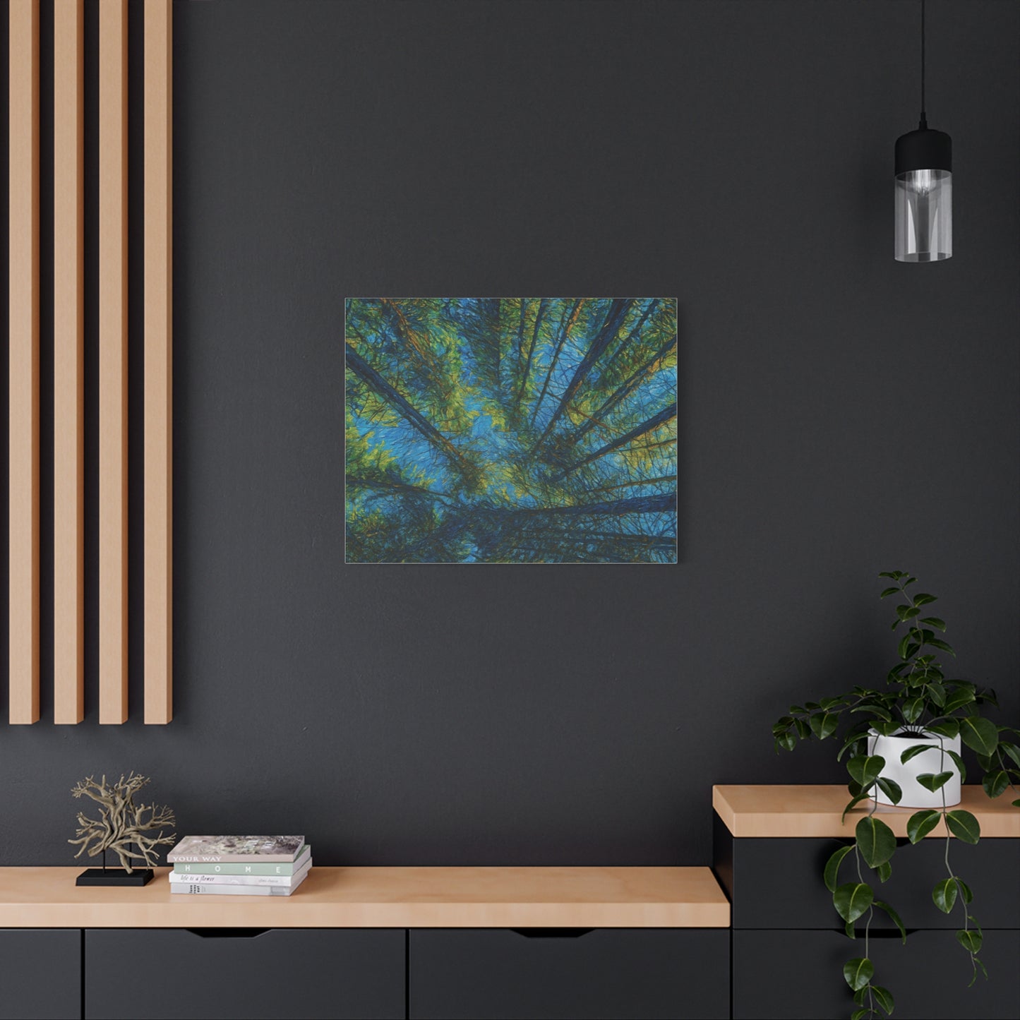 Forest Canopy Matte Canvas Wall Art — Upward View of Trees, Blue & Green Nature Print