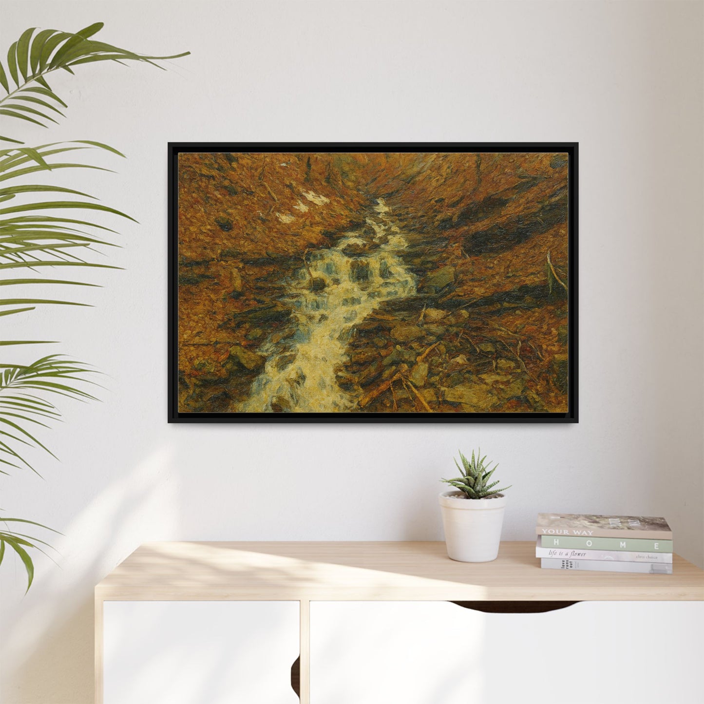 Framed matte canvas print of autumn stream landscape artwork by Printify, featuring vibrant fall colors and serene nature scene.