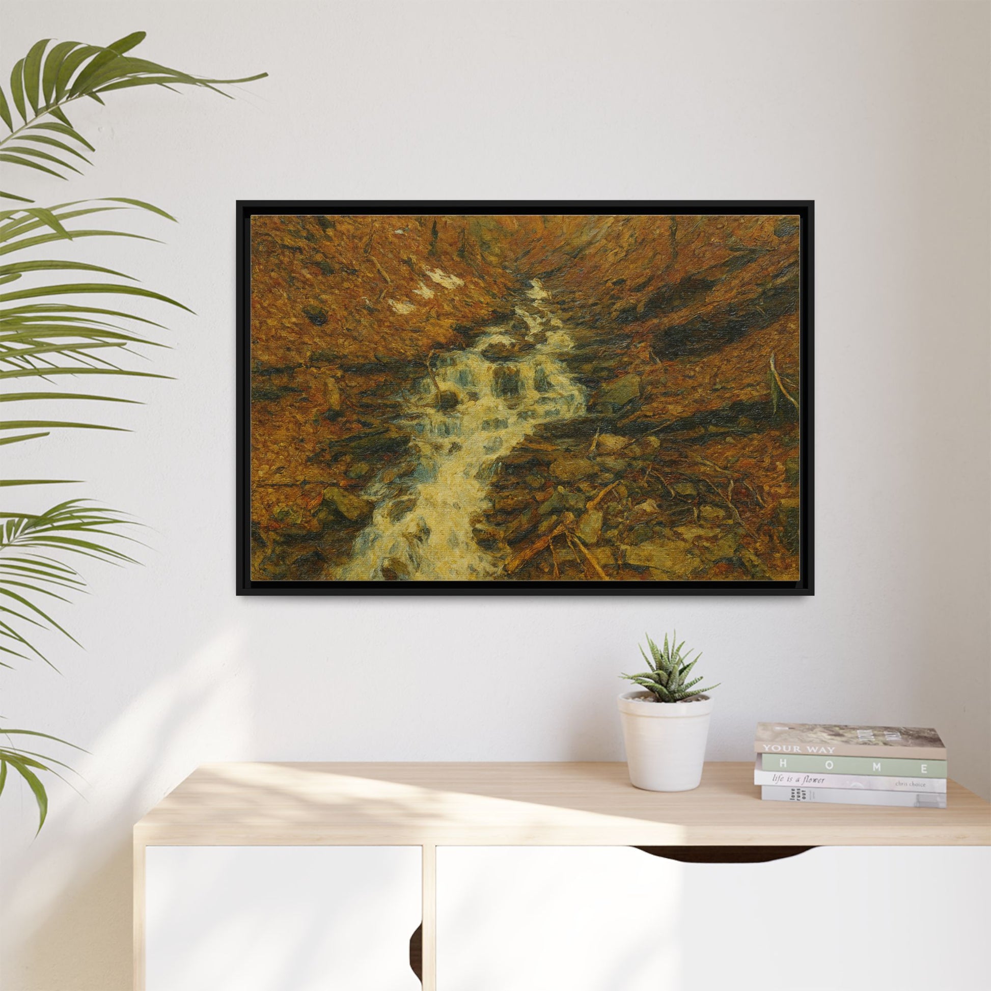 Framed matte canvas print of autumn stream landscape artwork by Printify, featuring vibrant fall colors and serene nature scene.