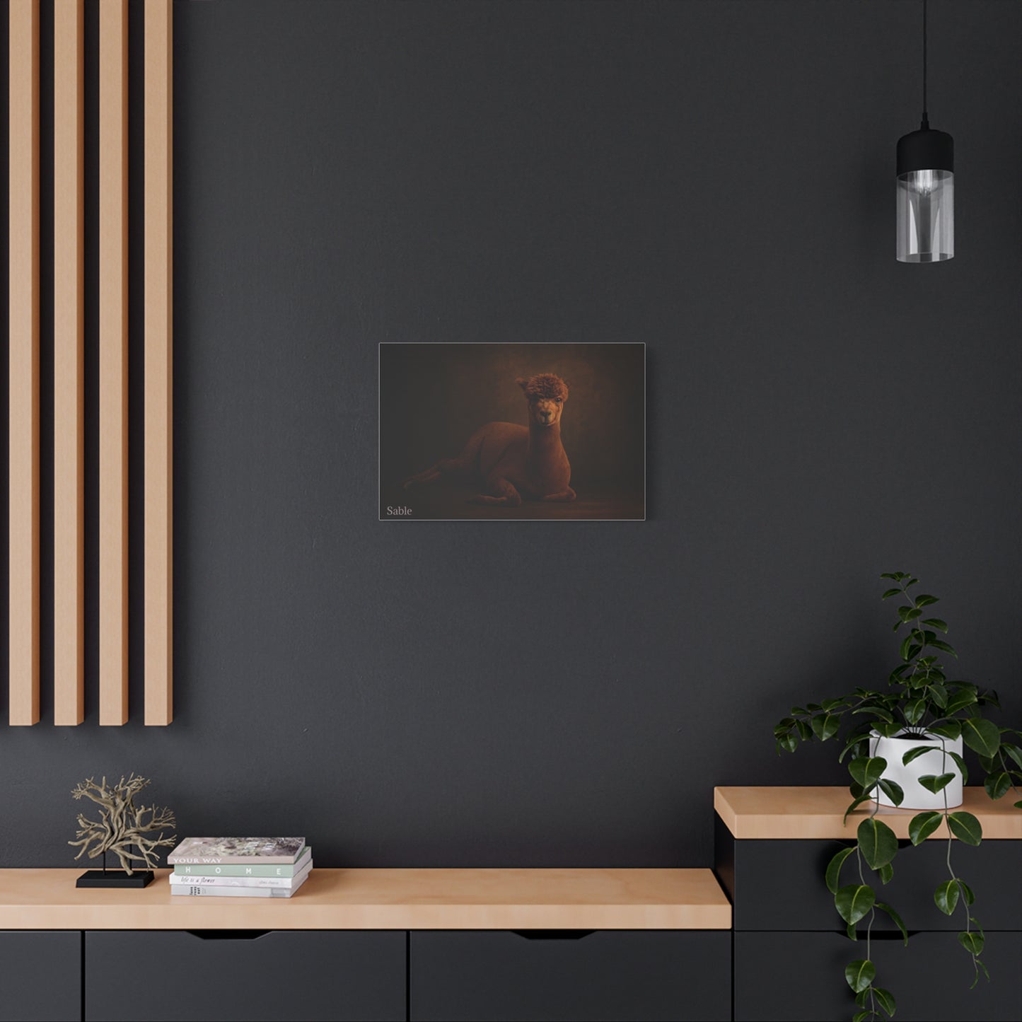 Alpaca portrait printed on matte canvas, featuring detailed artwork and natural colors, suitable for home decor.