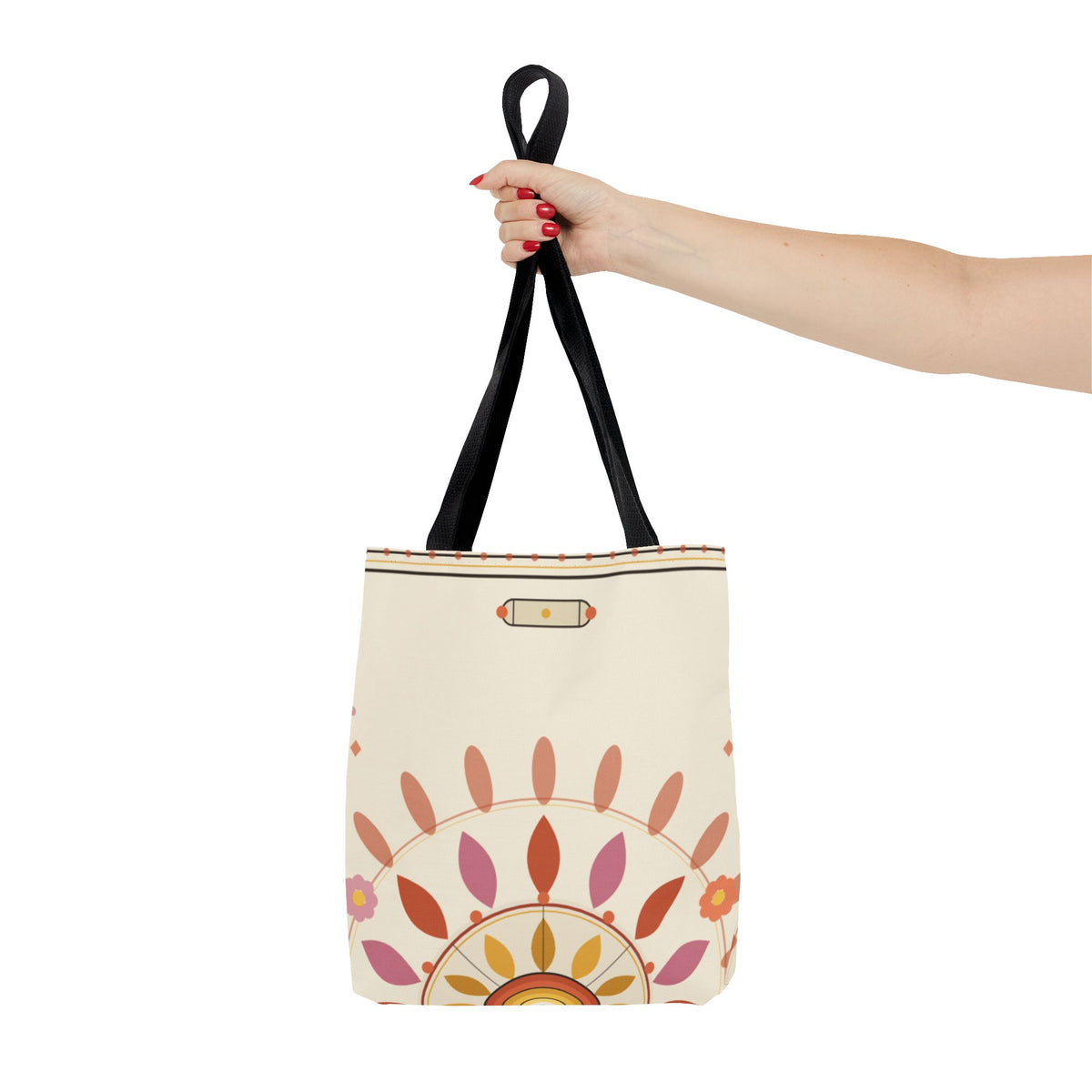 Boho floral mandala tote bag with pastel sunburst pattern, made by Printify, showing vibrant design and sturdy fabric.