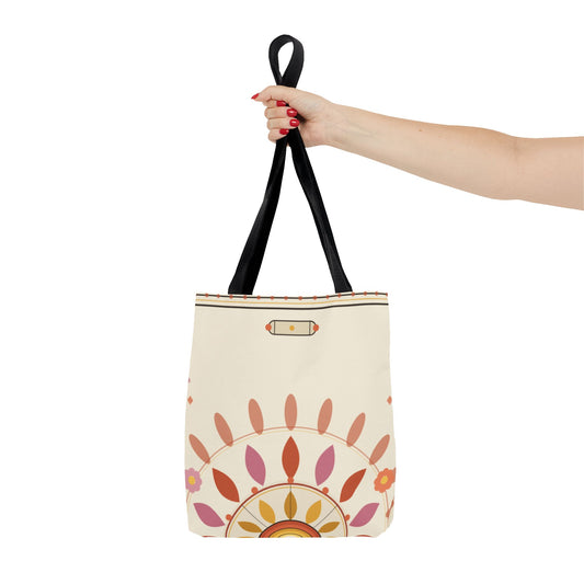 Boho floral mandala tote bag with pastel sunburst pattern, made by Printify, showing vibrant design and sturdy fabric.