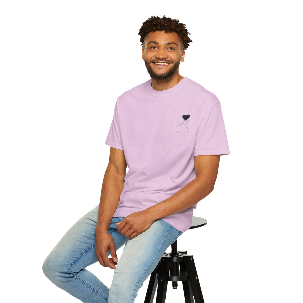 Black T-shirt with a minimal white finger heart graphic design, perfect for casual wear and everyday style.