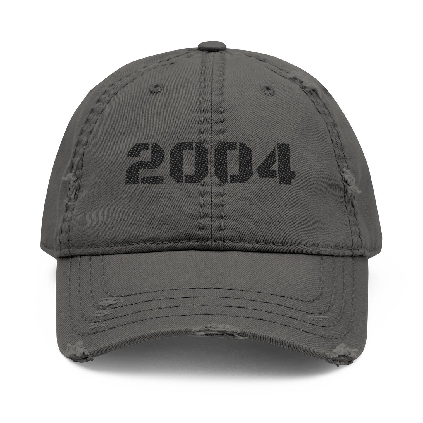 Vintage distressed 2004 dad hat with embroidered design, classic baseball cap style by Printify.