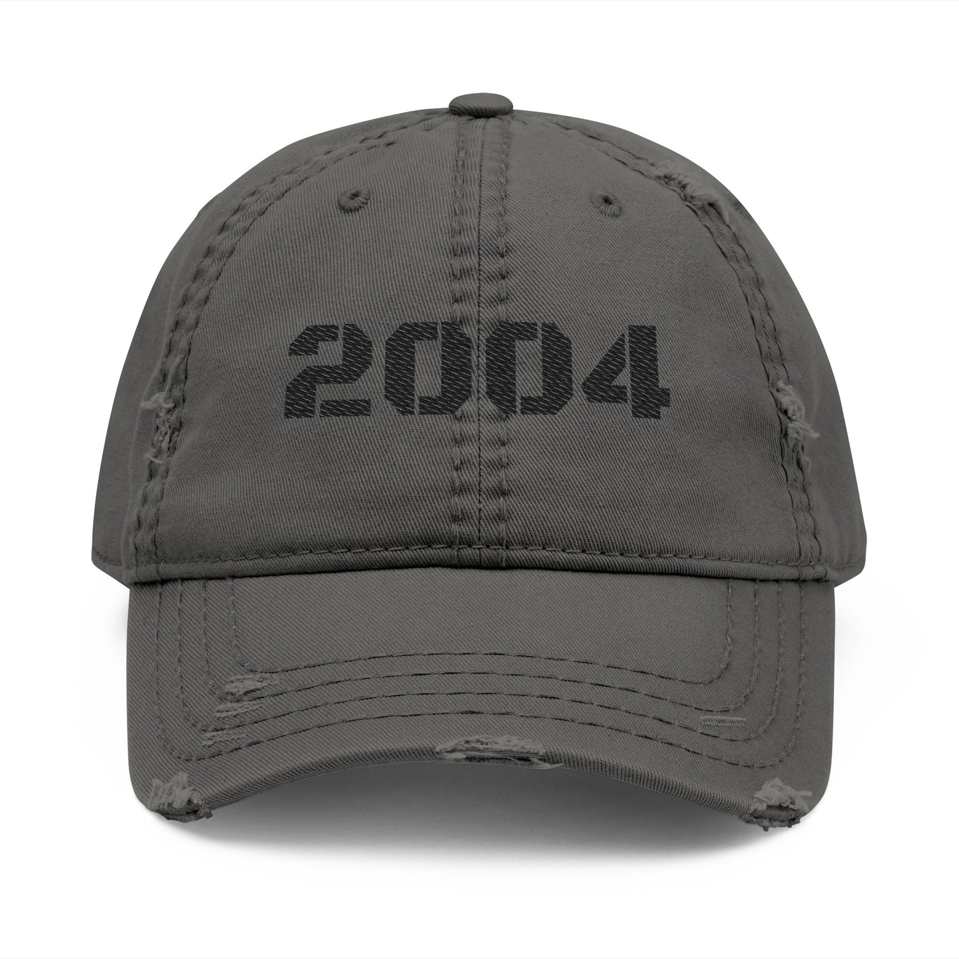 Vintage distressed 2004 dad hat with embroidered design, classic baseball cap style by Printify.