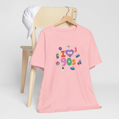 I  Love the 90's Short Sleeve Tee - Retro Graphic Tee, Vintage Style Shirt, Perfect for Casual Outings, 90s Nostalgia Apparel