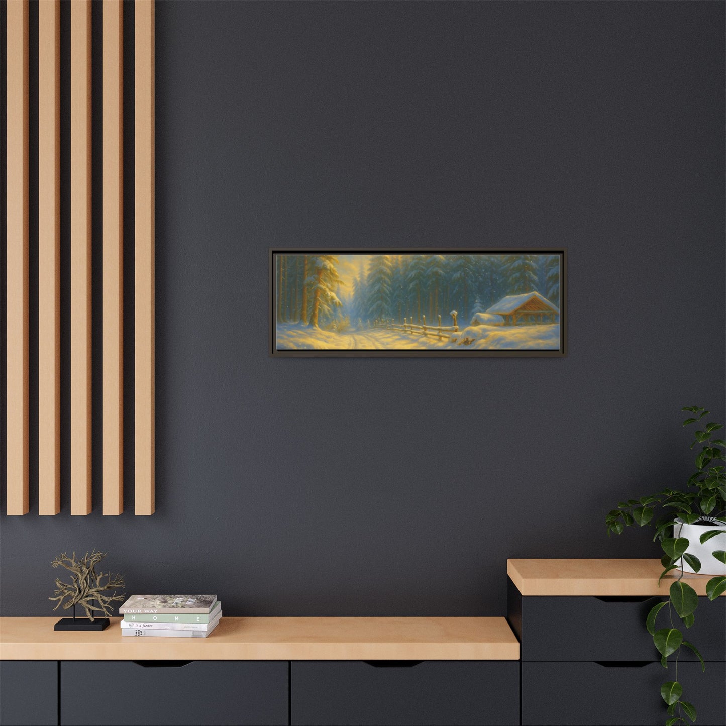 Framed winter cabin canvas print featuring a snowy forest sunset, wall art by Printify with a cozy, scenic winter landscape.