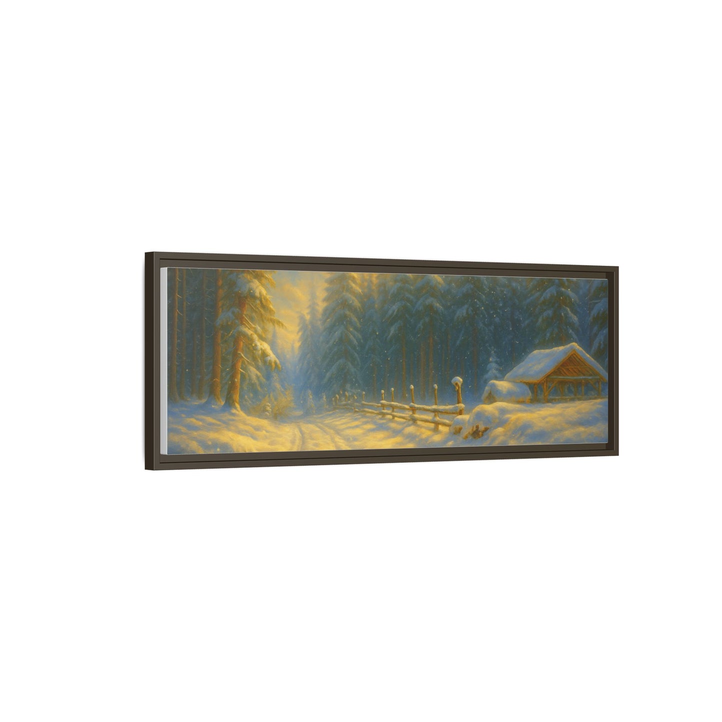 Framed winter cabin canvas print featuring a snowy forest sunset, wall art by Printify, ideal for cozy seasonal home decor.
