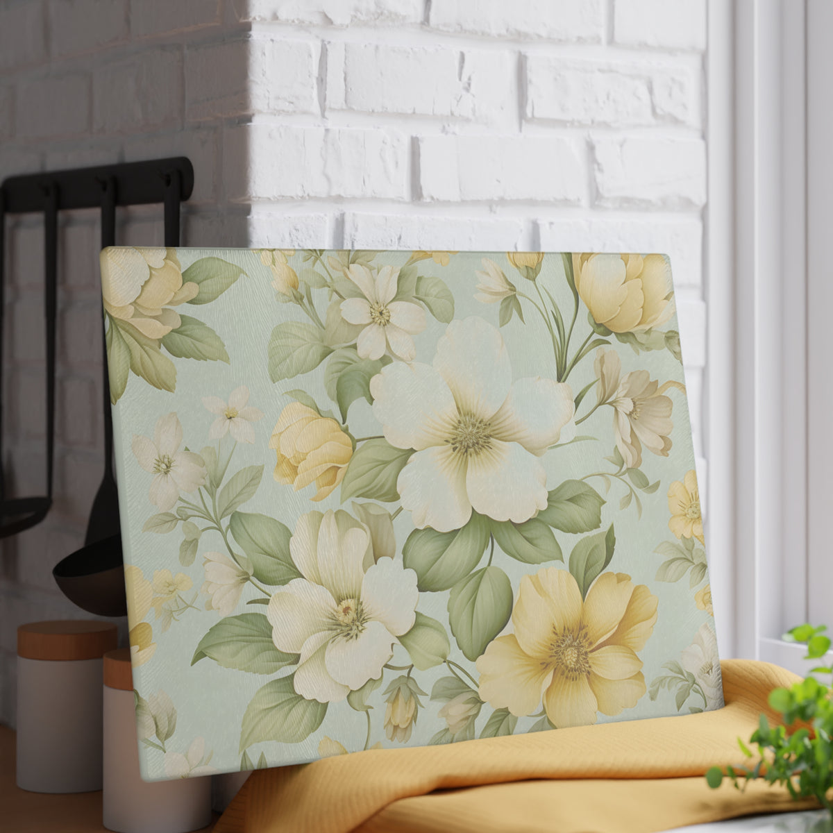 Floral Glass Cutting Board — Vintage Yellow Dogwood Design