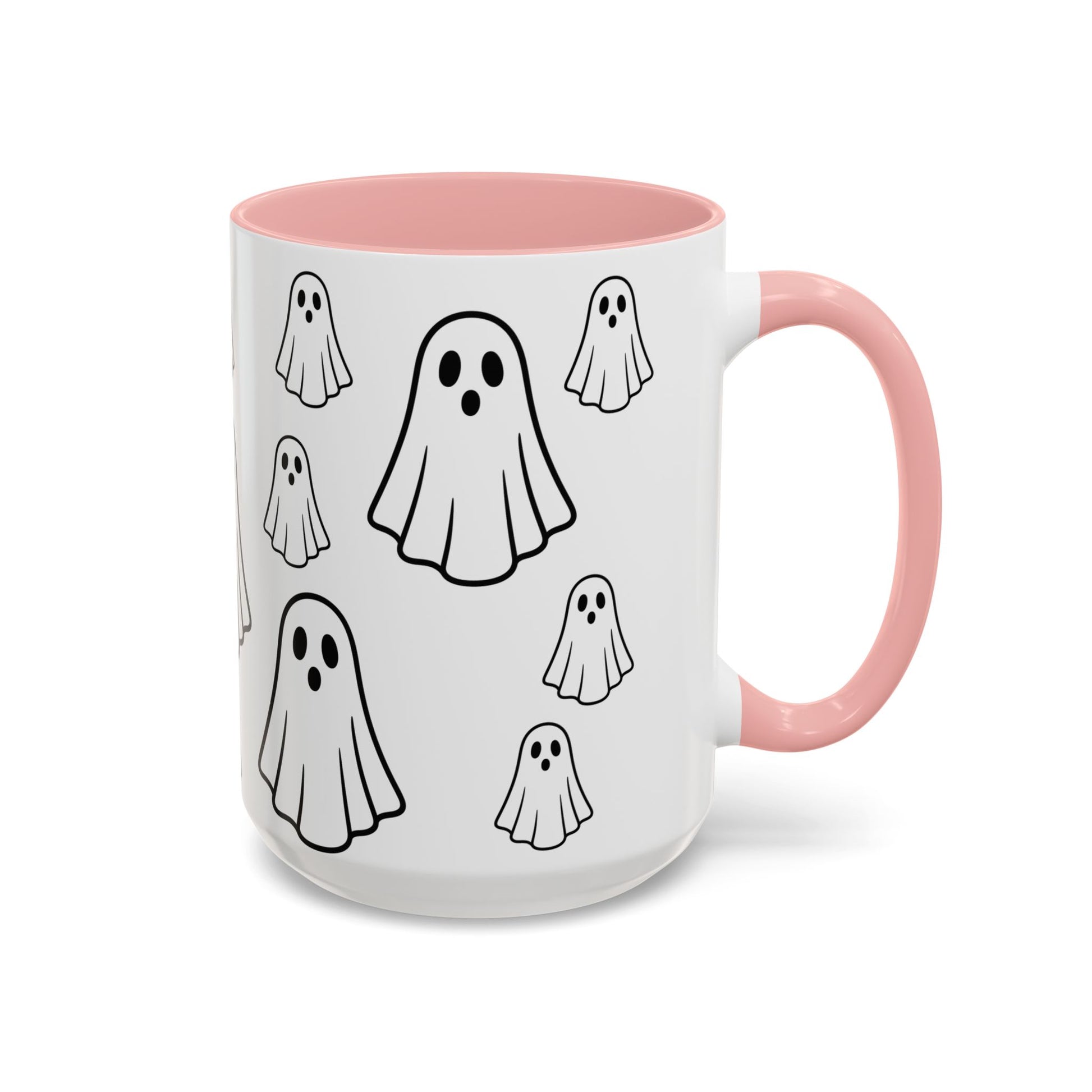 Printify ghost pattern ceramic coffee mug with Halloween design, 11oz or 15oz size, featuring a spooky ghost print.
